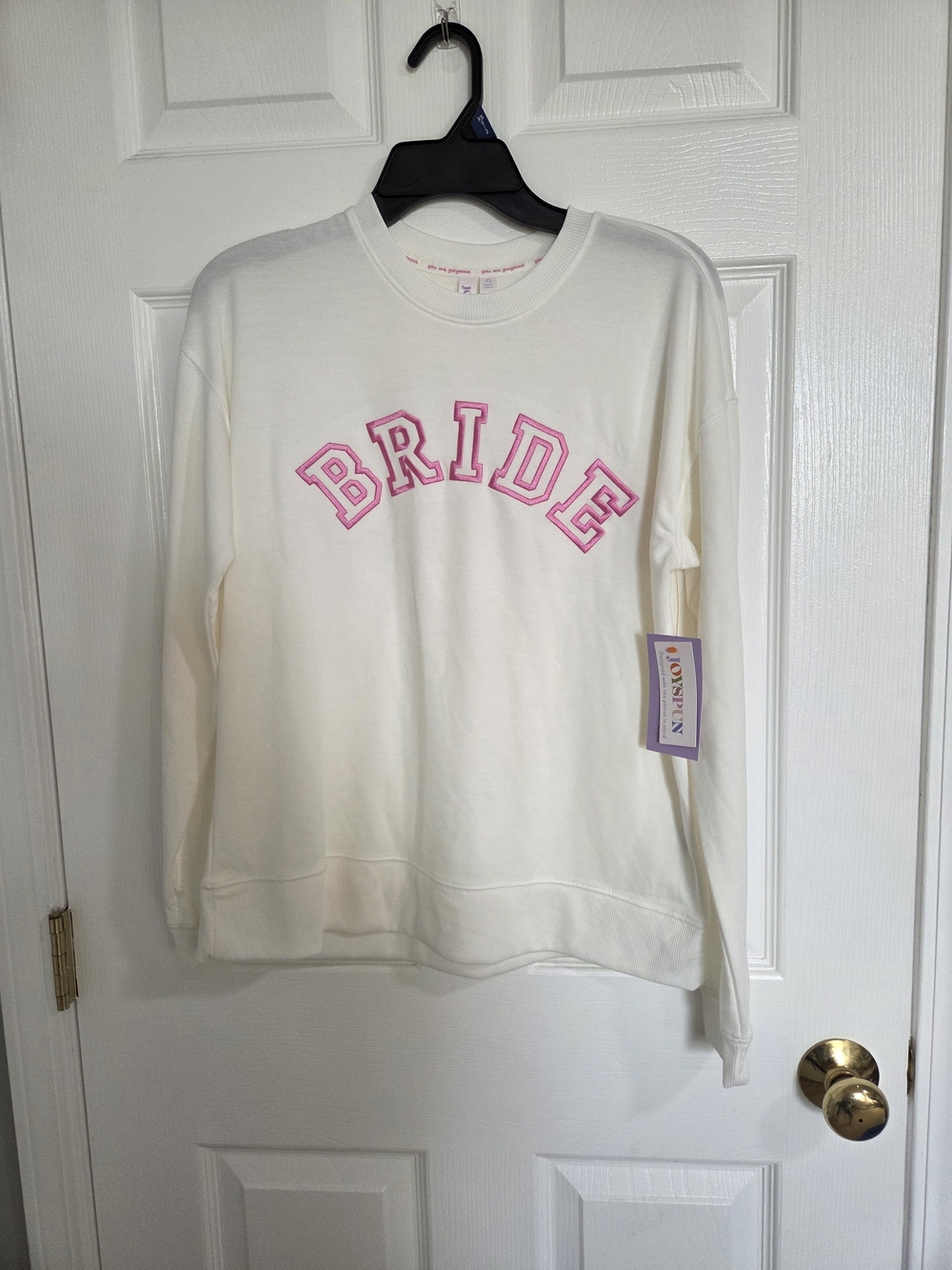 BRIDE Crewneck Sweatshirt in White with Pink Applique